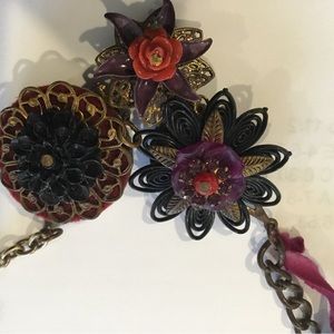 Romantic steam punk funk flower red black necklace, 10”